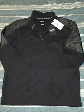 DKNY Men’s Black Quarter-Zip Sweater with Matte Shoulder Panels